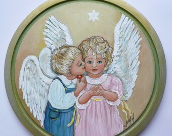 Little Girl and Boy Angels  with a flower- Acrilic hand painted on a natural wodden round board