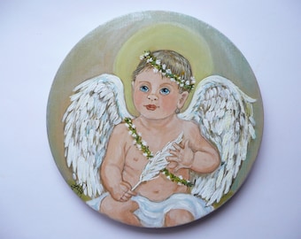 Little Baby Angel with a feather and flowers- Acrilic hand painted on a natural wodden round board