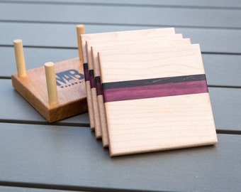 Maple, Purpleheart, Wenge 5 Piece Wood Coaster Set