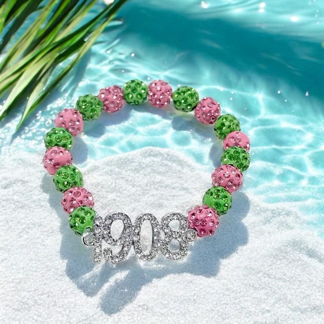 AKA Alpha Kappa Alpha Bracelet Pink & Green Rhinestone Pearls With 1908 ...