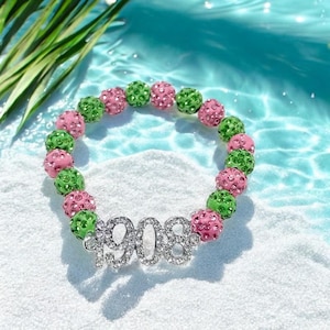 AKA Alpha Kappa Alpha Bracelet Pink & Green Rhinestone Pearls with 1908 Charm