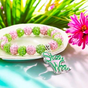 AKA Alpha Kappa Alpha Bracelet Pink & Green Rhinestone Pearls with Charm