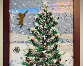 Christmas Tree, Framed Jewelry One of a Kind Art, Unique Gift, Home Decor