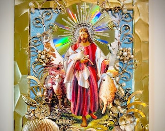 Jesus & Sheep, Framed Jewelry One of a Kind Art, Unique Gift, Home Decor