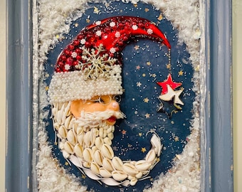 Santa Moon, Framed Jewelry Art, Unique Christmas Gift, Holiday Wall Decor, Santa Claus