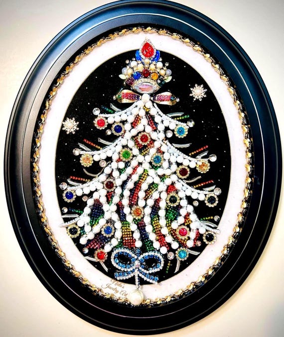 Christmas Tree, Framed Jewelry Art, Vintage Style Unique Home Decor