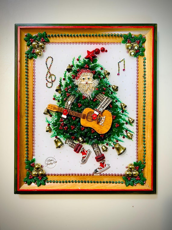 Dancing Santa, Christmas Tree, Framed Jewelry Art, Unique Christmas Gift