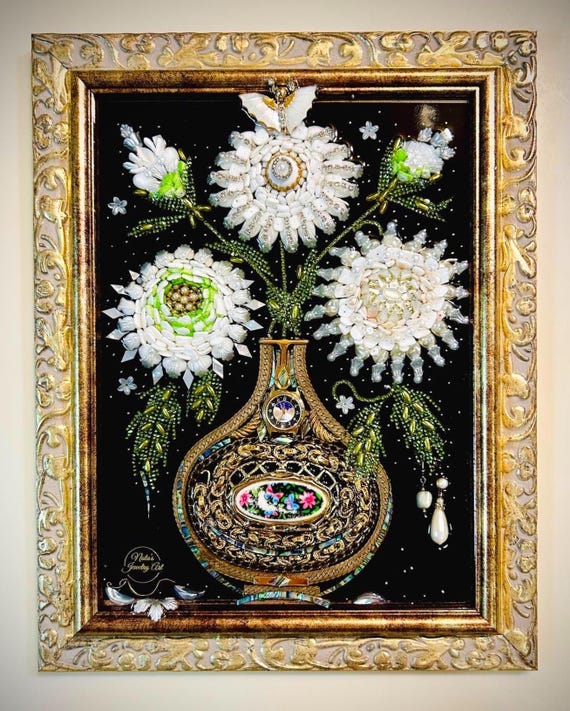 Chrysanthemums Flowers, Framed Jewelry One of a Kind Art, Unique Gift, Home Decor