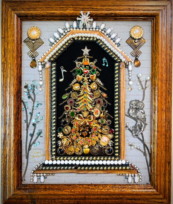 Christmas Window, Framed Jewelry One of a Kind Art, Unique Gift, Vintage Style Wall Decor
