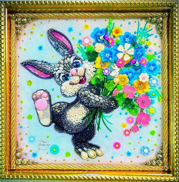 Easter Bunny, Framed Jewelry Art, Unique Home Decor