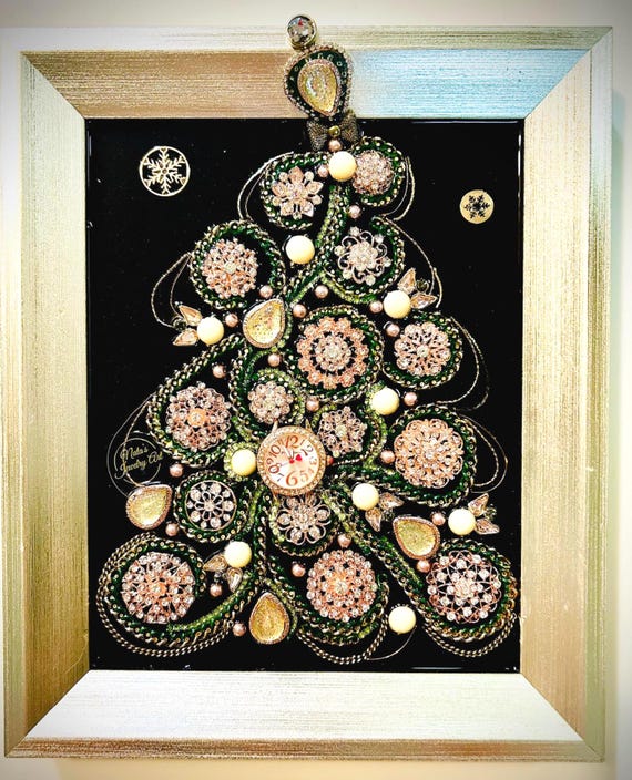 Christmas Tree, Framed Jewelry One of a Kind Art, Unique Gift, Wall Decor