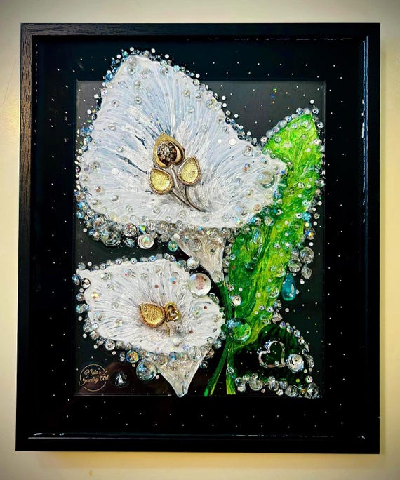 Calla Lily Framed Jewelry Art: Crystal & Silver Home Decor