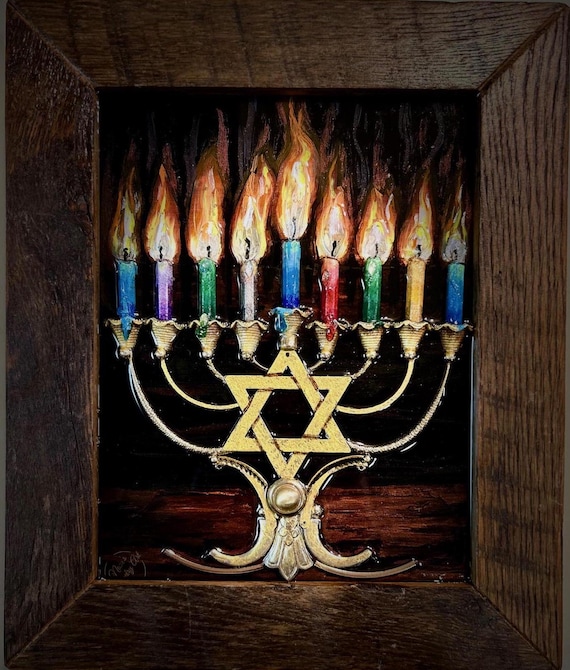 Hanukkah Menorah, Framed Jewelry One of Kind Art, Unique Gift, Vintage Style Home Decor