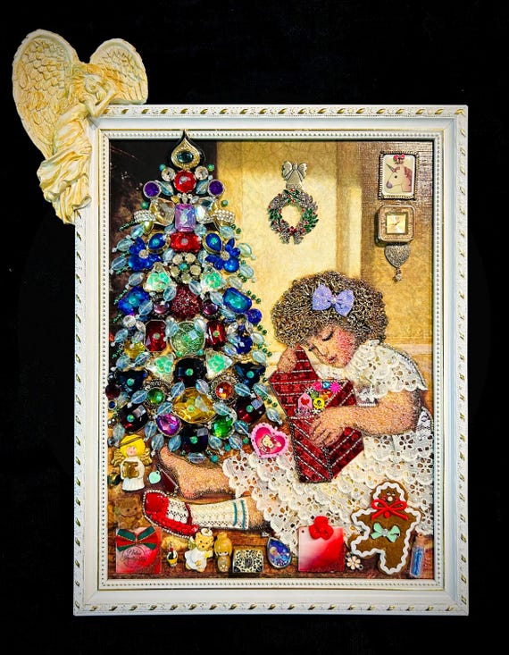 Vintage Christmas, Girl Opening Christmas Gift, Framed Jewelry One of a Kind Art, Unique Gift, Home Decor
