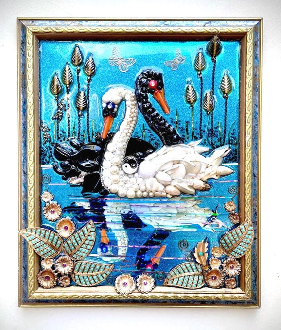 Swan Lake, Framed Jewelry one of a Kind Art, Wall Decor, Unique Gift
