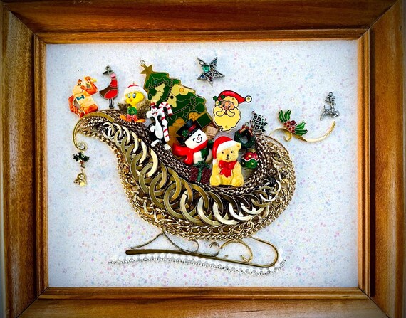 Santa's Sleigh , Framed Jewelry One of a Kind Art, Unique Gift, Home Decor