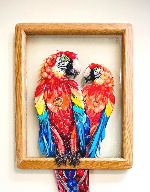 Parrots, Framed Jewelry One of a Kind Art, Home Decor, Unique Gift