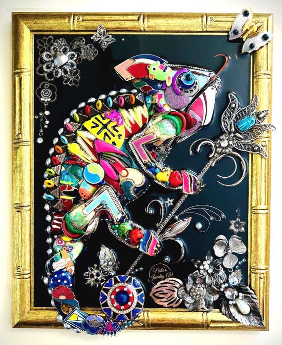 Chameleon, Framed Jewelry One of a Kind Art, Home Decor, Unique Gift