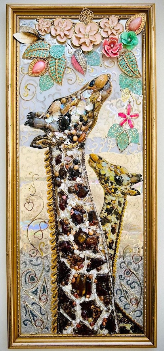 Giraffes, Framed Jewelry One of a Kind Art, Home Decor, Unique Gift
