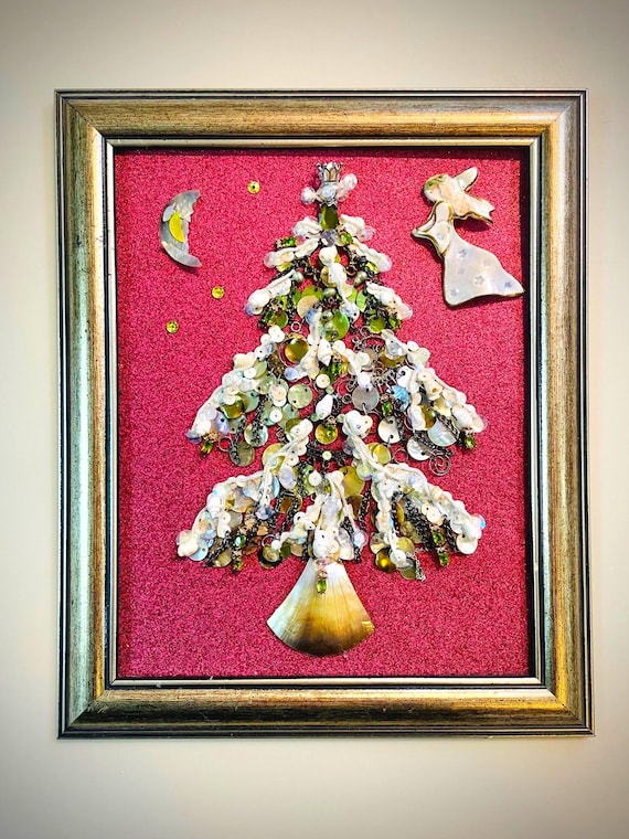 Christmas Tree, Framed Jewelry One of a Kind Art, Unique Gift, Home Decor