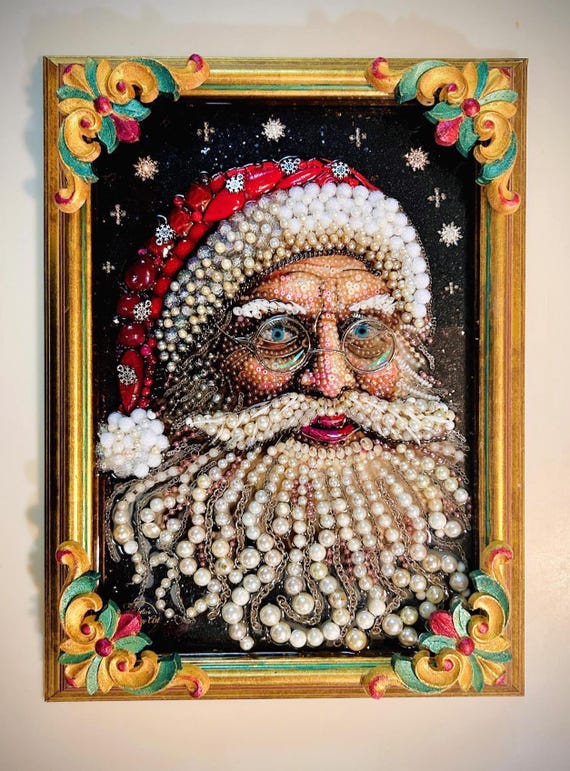 Santa Claus Portrait, Framed Jewelry One of a Kind Art, Unique Gift, Home Decor