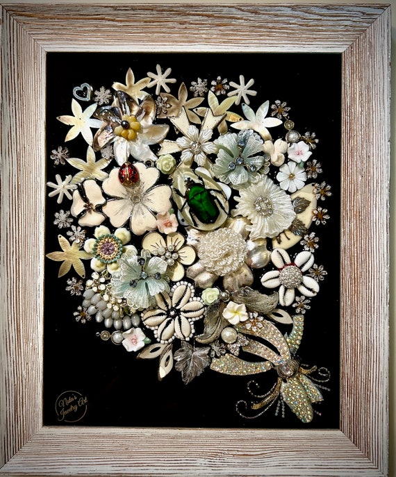 Bouquet of White Flowers, Framed Jewelry One of a Kind Art, Unique Gift, Home Decor