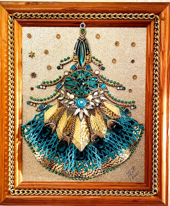 Christmas Tree, Framed Jewelry One of a Kind Art, Unique Gift, Home Decor