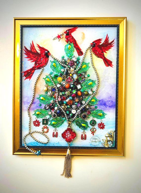 Christmas Tree, Framed Jewelry One of a Kind Art, Unique Gift, Home Decor