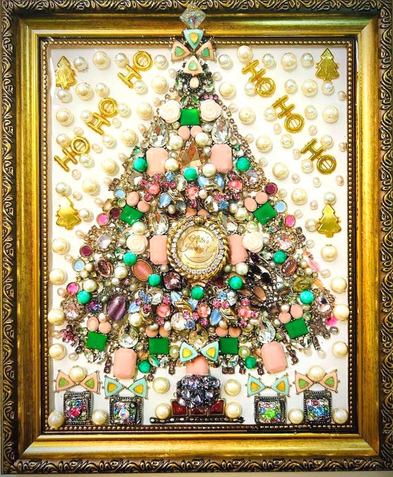 Christmas Tree, Framed Jewelry One of a Kind Art, Unique Gift, Home Decor