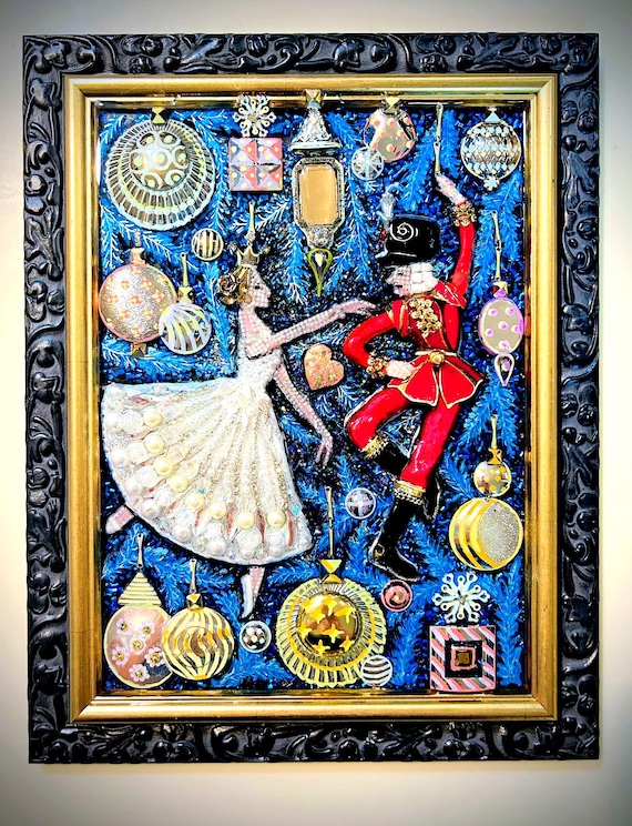 Nutcracker & Ballerina, Framed Jewelry Art, One of a Kind Gift, Unique Home Decor