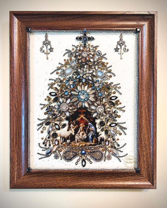 Christmas Tree, Framed Jewelry Art, One of a Kind Home Decor