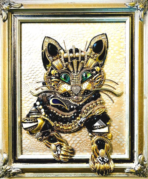 Cat Portrait, Framed Jewelry one of a Kind Art, Wall Decor, Unique Gift