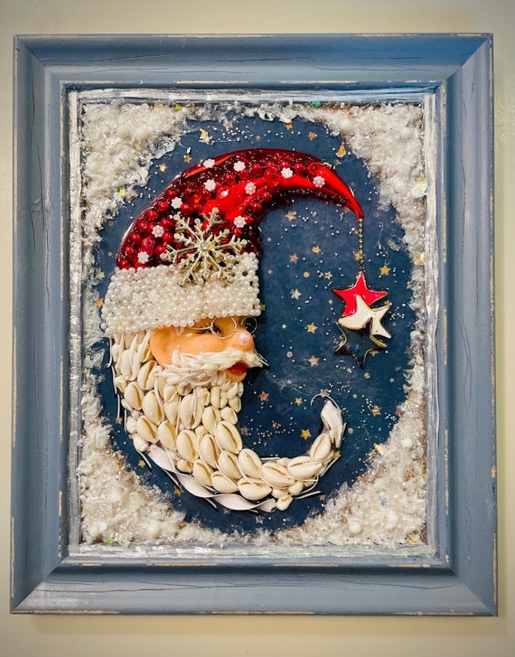 Santa Moon, Framed Jewelry Art, Unique Christmas Gift, Holiday Wall Decor, Santa Claus