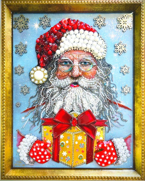 Santa Claus Framed Jewelry Art Portrait: Framed One-of-a-Kind Home Decor