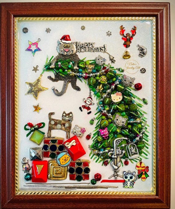 Christmas Tree, Catmas, Framed Jewelry One of a Kind Art, Unique Gift, Home Decor