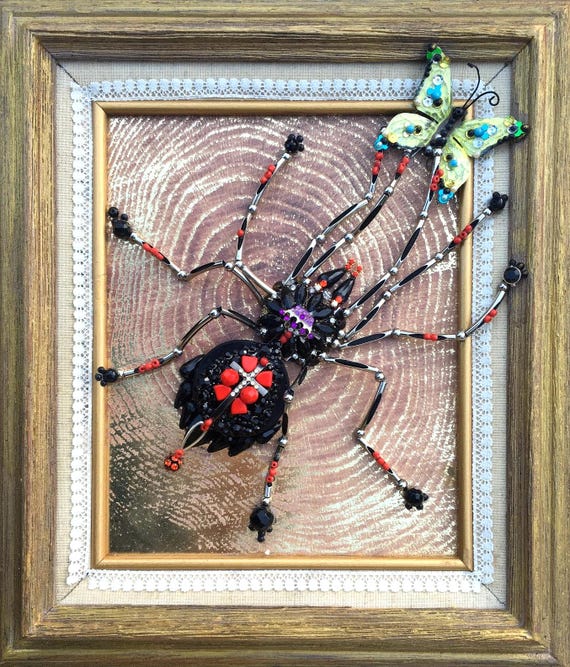Spider Catching Butterfly, One of a Kind Framed Jewelry Art, Unique Gift
