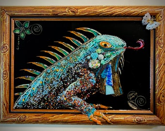 Iguana, Framed Jewelry One of a Kind Art, Home Decor, Unique Gift