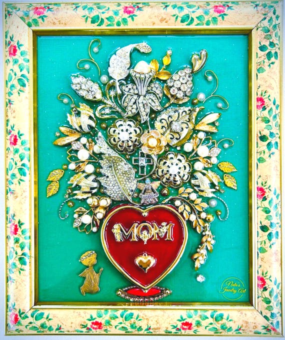 Floral Gift for Mother, Framed Jewelry Art, Vintage Style Frame