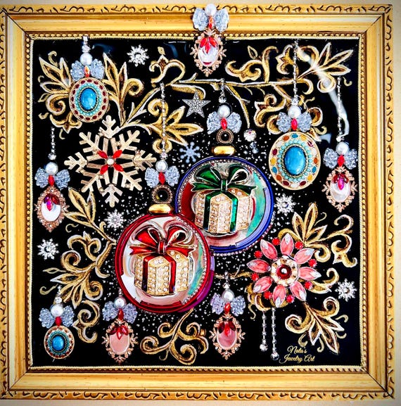 Christmas Ornaments, Framed Jewelry One of a Kind Art, Unique Gift, Wall Decor