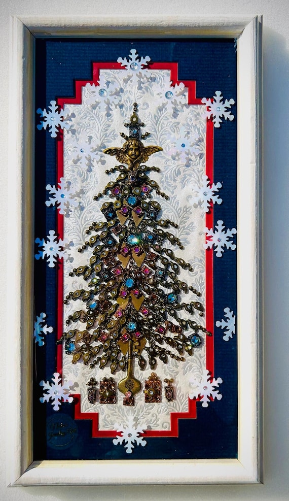 Christmas Tree, Framed Jewelry One of a Kind Art, Unique Gift, Home Decor