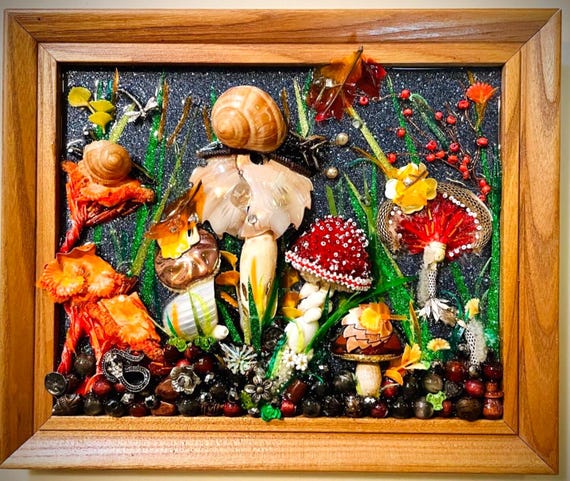 Autumn Mushrooms, Framed Jewelry One of Kind Art, Unique Gift, Home Decor