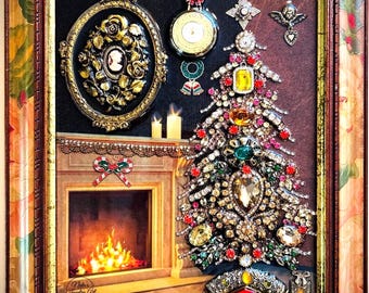 Vintage Christmas, Framed Jewelry One of a Kind Art, Unique Gift, Vintage Style Wall Decor