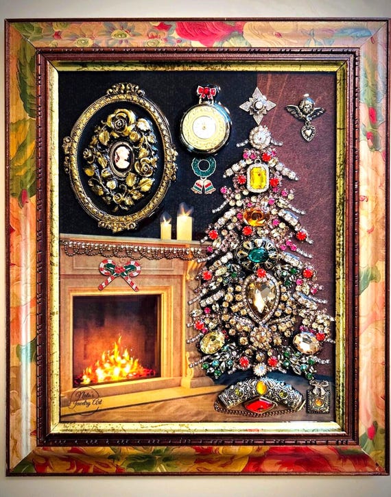 Vintage Christmas, Framed Jewelry One of a Kind Art, Unique Gift, Vintage Style Wall Decor