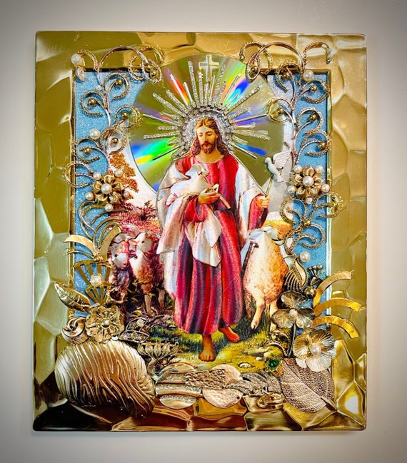 Jesus & Sheep, Framed Jewelry One of a Kind Art, Unique Gift, Home Decor