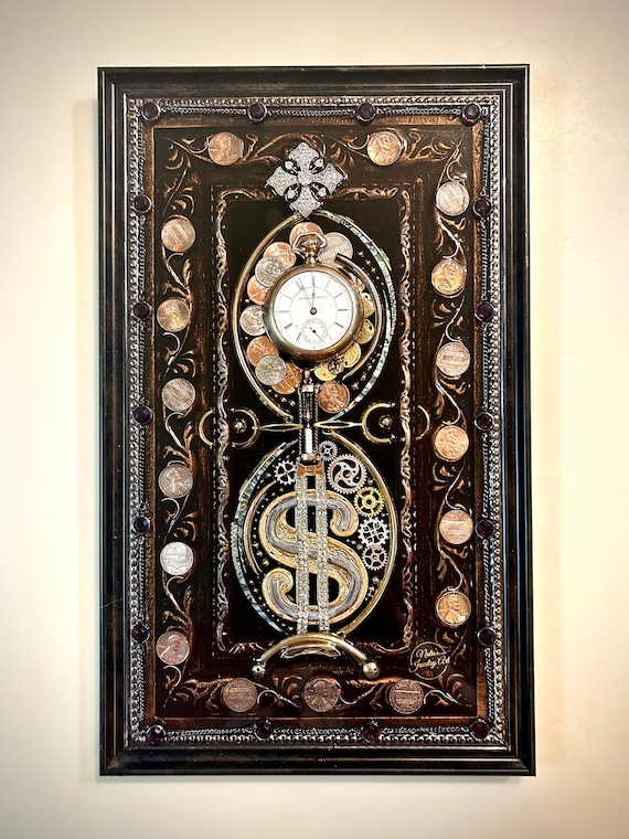 Time is Money, Hourglass, Sand Timer, Framed Jewelry One of Kind Art, Unique Gift, Vintage Style Home Decor