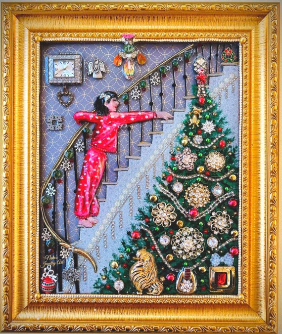 Girl and Christmas Tree, Framed Jewelry One of a Kind Art, Unique Gift, Home Decor