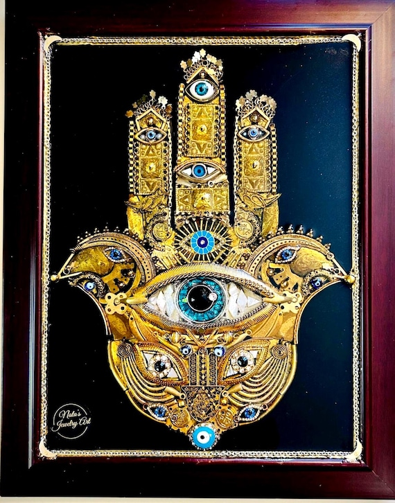 Hamsa Hand, Framed Jewelry One of a Kind Art, Unique Gift, Wall Decor