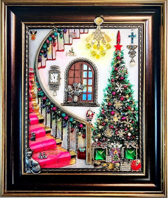 Christmas Room, Framed Jewelry One of a Kind Art, Unique Gift, Vintage Style Wall Decor