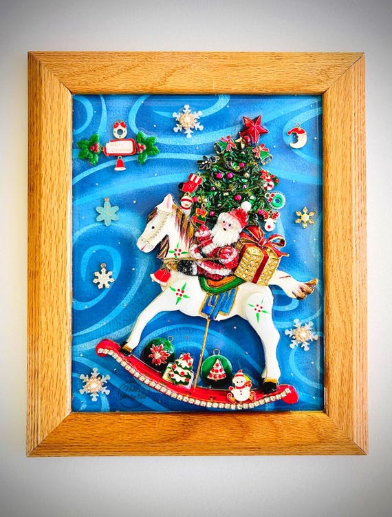 Horse Racing Santa, Framed Jewelry Art, One of a Kind, Unique Home Decor
