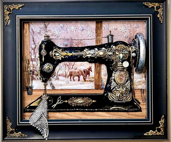 Vintage Sewing Machine, Framed Jewelry One of Kind Art, Unique Gift, Vintage Style Home Decor